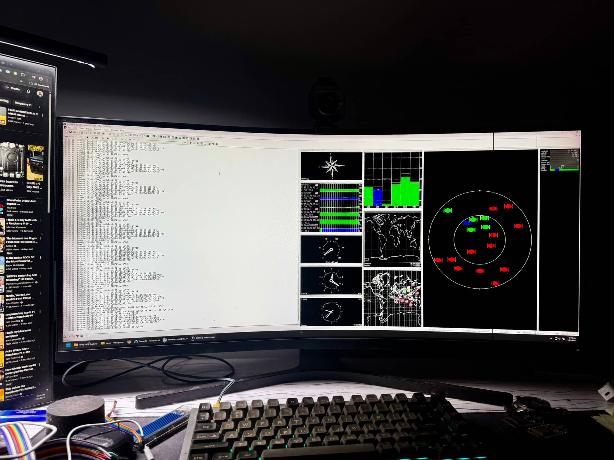 The image features a computer desktop with a variety of open applications and windows. On one side, there's a screenshot of what appears to be a complex software interface, possibly related to scientific data visualization or control systems, with numerous graphs and charts displaying various data points. The other side of the screen shows a more typical user environment, featuring web browser tabs open in Microsoft Edge, indicating that the user is multitasking between work and personal browsing. Additionally, there are two monitors visible; one at the top with a different interface and another below it, likely displaying additional data or applications. The user's peripherals include a keyboard partially visible on the right, and the mouse is also just out of frame on the left side of the image.