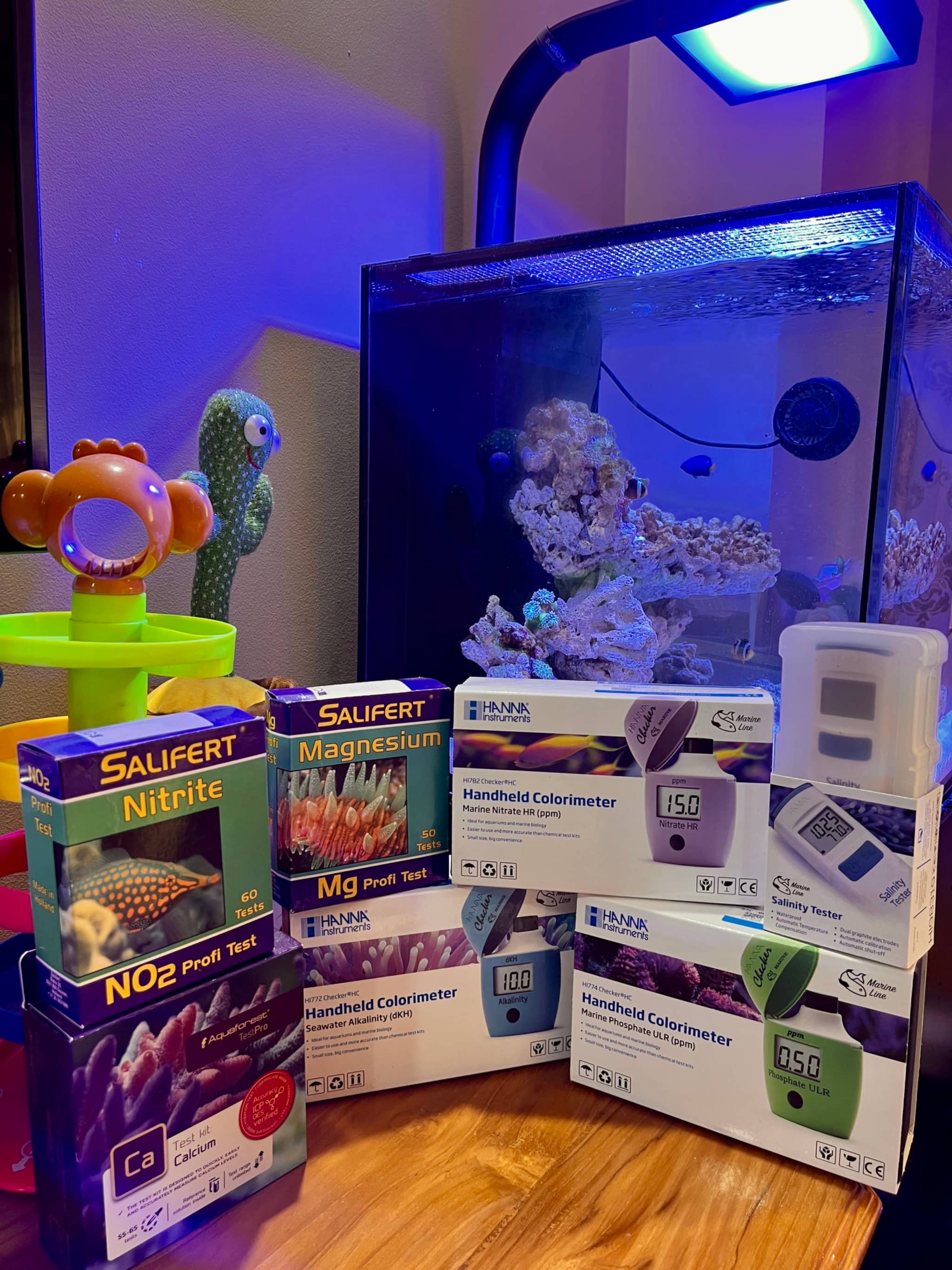 The image shows an aquarium with various fish, a green plant, and underwater decorations. In front of the aquarium are several items: a small fish tank, aquatic plant food packages labeled 'SALPETI' and 'TROPICAL RAFF,' and a small figurine shaped like a fish next to a cactus-like figure. The setting appears to be a home environment with decorative fish tanks and a child's toy on the floor.