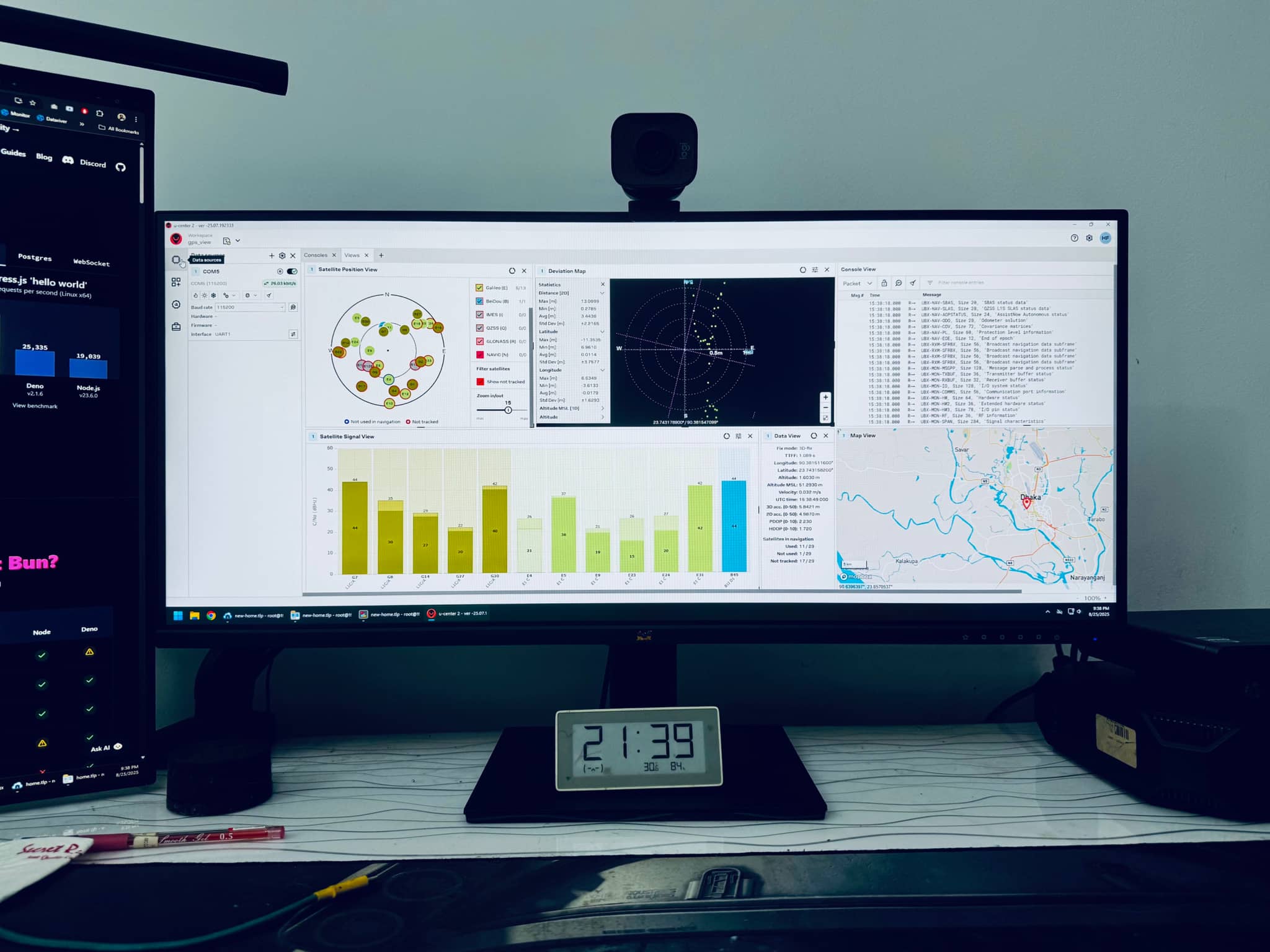 The image features a dual-monitor computer setup with various screens displaying data and charts. On the left side, there's a camera positioned above the monitors. In front of the setup, there are graphs and dials on what appears to be a trading floor or financial data analysis tool. There is also a clock in the background. The overall setting suggests a work environment focused on finance, analytics, or trading.