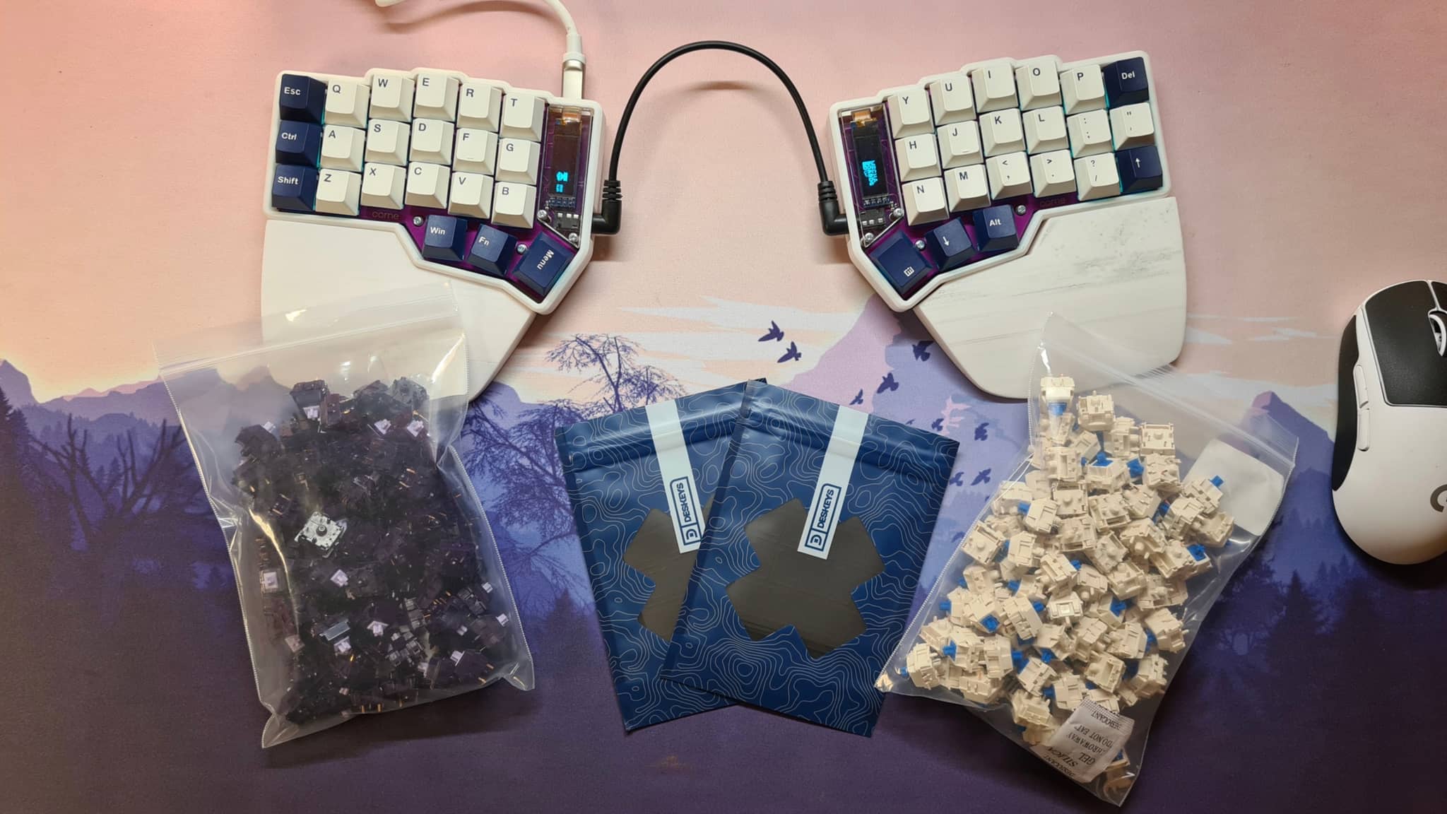 The image displays a desk with various items on it. In the foreground, there is a keyboard with a colorful key layout that resembles a customizable or ergonomic keyboard design. Behind the keyboard, there are two bags filled with what appears to be small, blue pellet-like objects, possibly related to computer peripherals or electronics. These bags have labels indicating they contain "Rice," "Keycaps," and "Mouse." To the right of the desk, there's a collection of keycaps, each corresponding to one of the keys on the keyboard in front. In addition, there are some small items that could be components for assembling or repairing electronic devices. The background features a pink wall with a faint landscape image and a window.