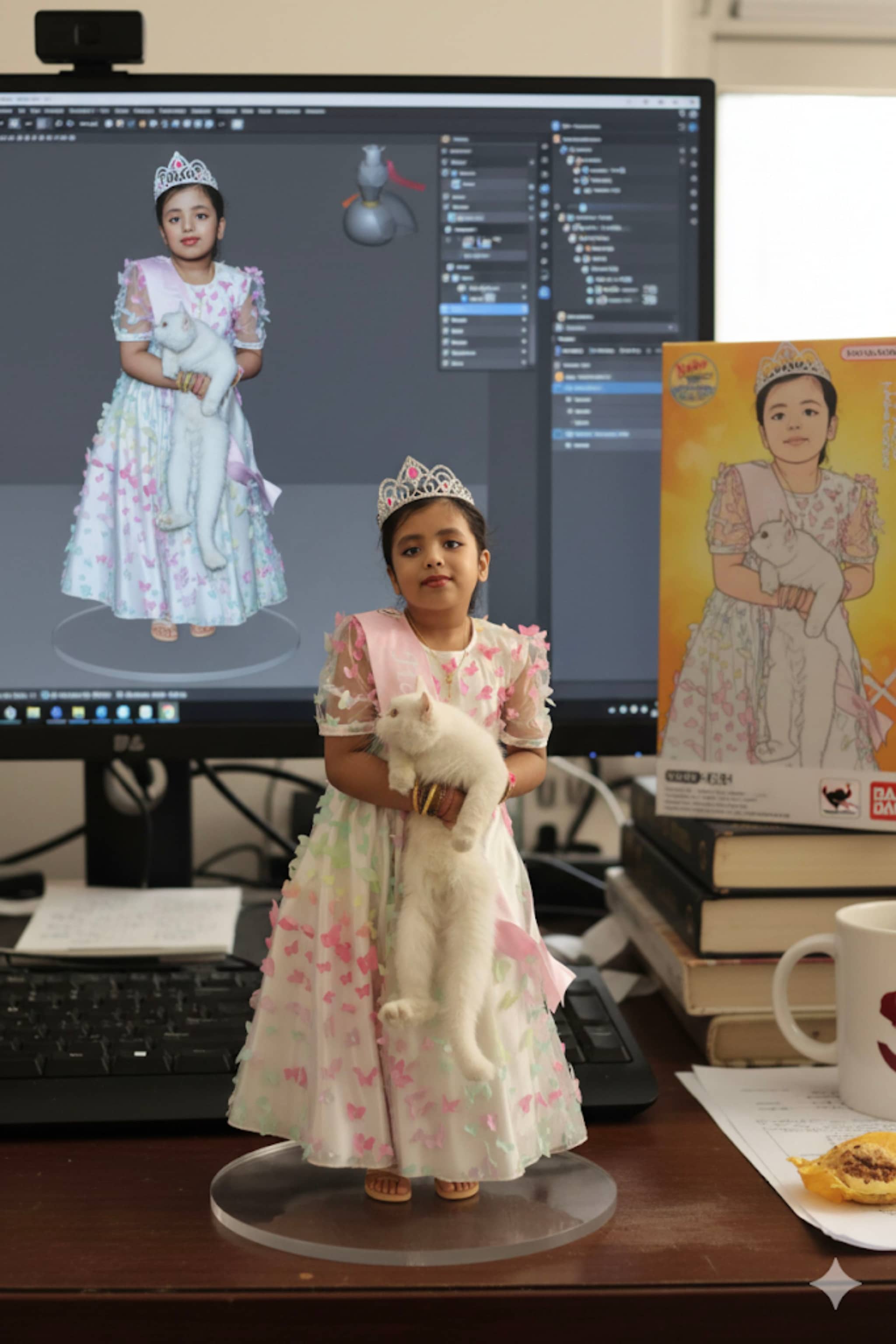 The image shows a computer screen with digital artwork. On the desk, there's a small statue of a person wearing a dress. In front of it, there's another smaller figurine, which appears to be a dog. To the right, a framed photo or painting is visible. Behind these items, a large monitor displays a digital image of the same type of character as depicted in the physical model on the desk. The environment suggests an artist's workspace with various digital and analog tools for creating art.