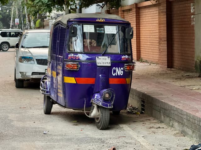 The image is a composite of three separate photographs, showing an urban scene with a focus on transportation. On the left side, there's a purple rickshaw parked on a street, with another vehicle visible in the background. In the middle section, a man is driving the rickshaw, and on the right side, a red and white truck is seen.