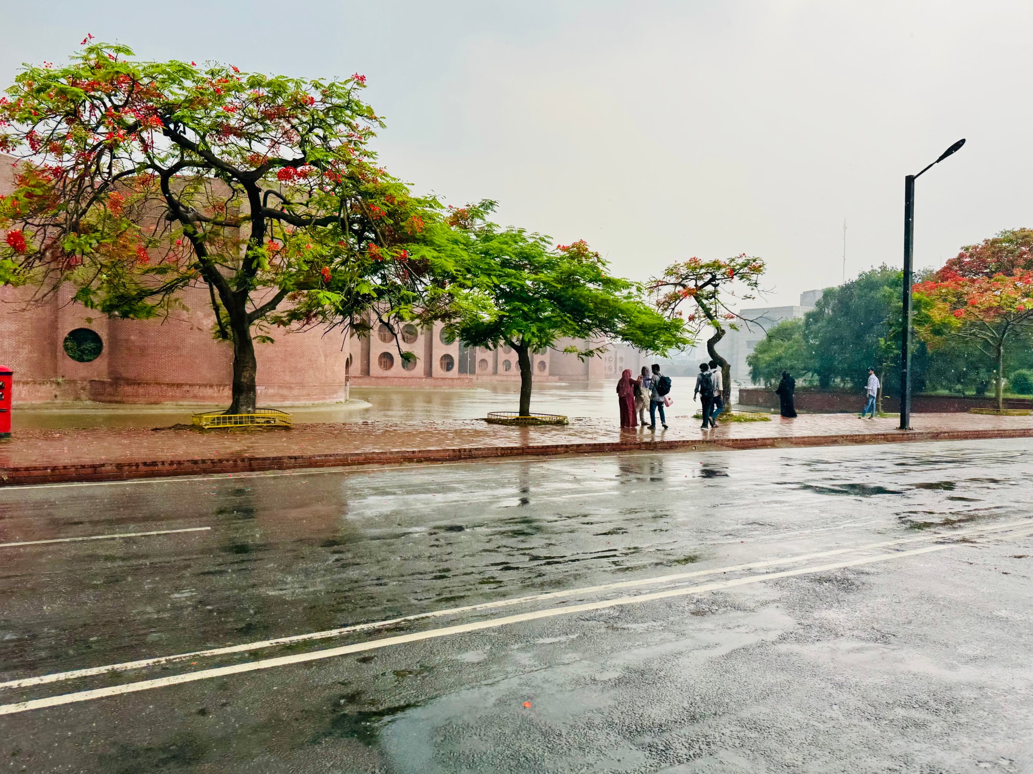 The image depicts an urban street scene during rainy weather. There are trees with sparse foliage lining one side of the road, and there is a clear wet sheen on the asphalt. A brick building with a rounded roof can be seen in the background on the left side. People are visible walking on the sidewalks, and it appears to be a quiet, overcast day with muted colors. The street looks relatively empty and calm.