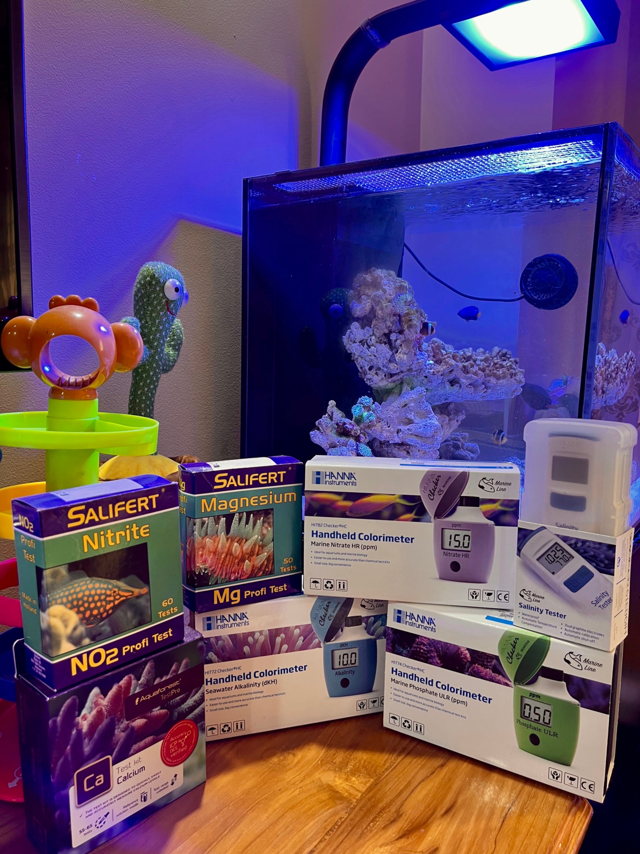 The image shows an aquarium with various fish, a green plant, and underwater decorations. In front of the aquarium are several items: a small fish tank, aquatic plant food packages labeled 'SALPETI' and 'TROPICAL RAFF,' and a small figurine shaped like a fish next to a cactus-like figure. The setting appears to be a home environment with decorative fish tanks and a child's toy on the floor.