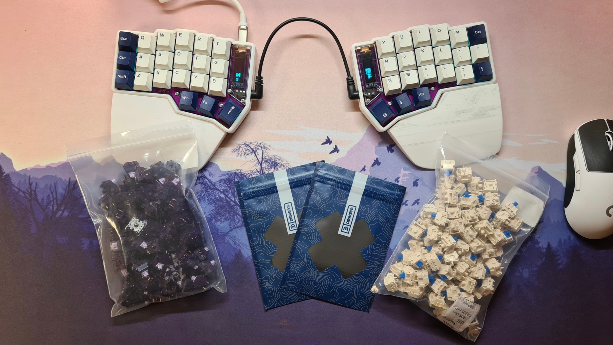 The image displays a desk with various items on it. In the foreground, there is a keyboard with a colorful key layout that resembles a customizable or ergonomic keyboard design. Behind the keyboard, there are two bags filled with what appears to be small, blue pellet-like objects, possibly related to computer peripherals or electronics. These bags have labels indicating they contain "Rice," "Keycaps," and "Mouse." To the right of the desk, there's a collection of keycaps, each corresponding to one of the keys on the keyboard in front. In addition, there are some small items that could be components for assembling or repairing electronic devices. The background features a pink wall with a faint landscape image and a window.